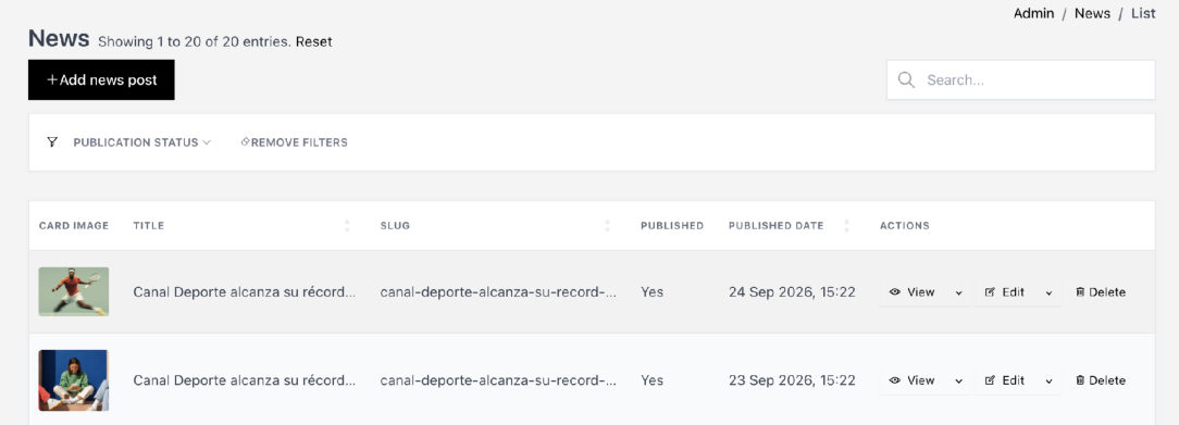 Listado y filtro de estado de publicación