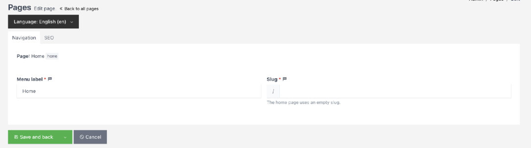 Etiqueta del menú y slug de Home