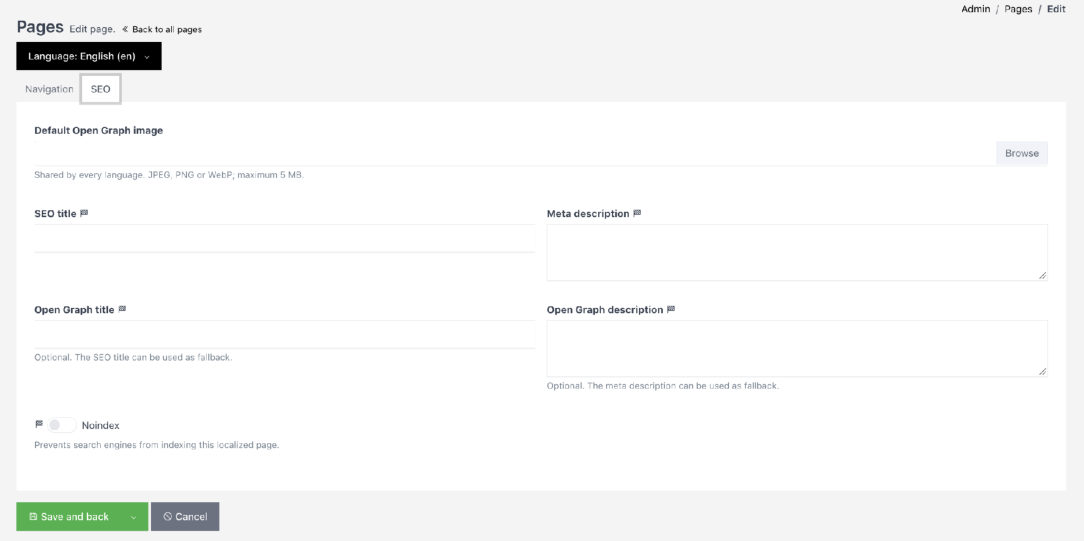 Configuración SEO de la página